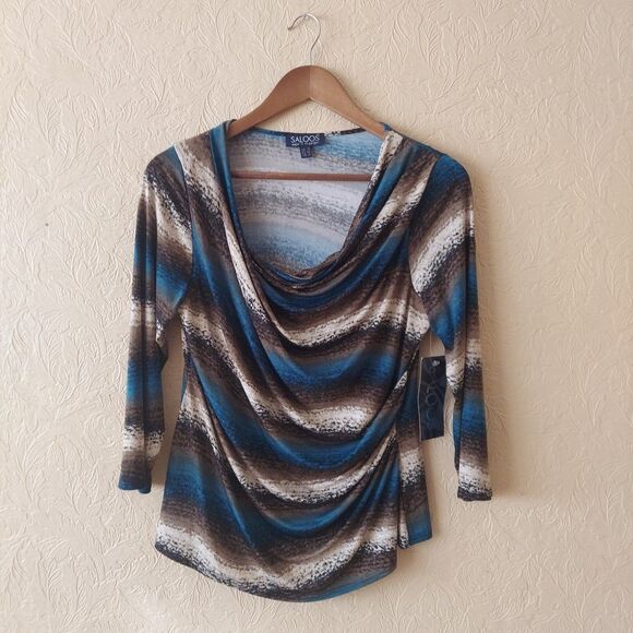 Saloos Blue Brown Drape Neck 3/4 Sleeves Stretch Polyester Blouse NEW Sz Medium - Picture 1 of 8